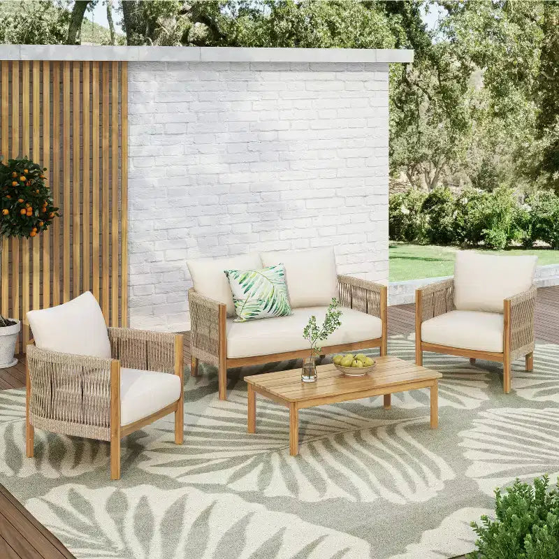 Set di sedute da esterno Christopher Knight Home Gillian, 4 pezzi, in legno di acacia e corda intrecciata