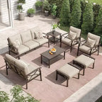 Set di mobili da esterno Heynemo, set conversazione da patio da 8 pezzi con tavolino, tavolino laterale e pouf, set di mobili in metallo per veranda, grigio