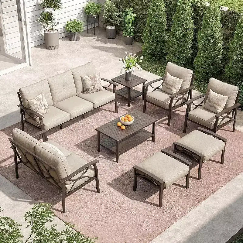 Set di mobili da esterno Heynemo, set conversazione da patio da 8 pezzi con tavolino, tavolino laterale e pouf, set di mobili in metallo per veranda, grigio
