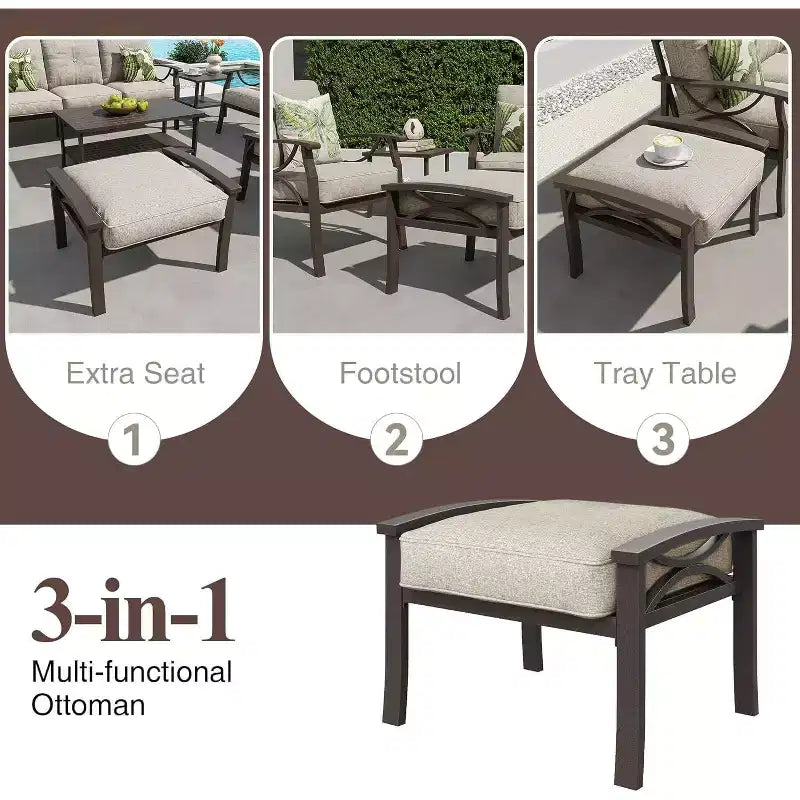 Set di mobili da esterno Heynemo, set conversazione da patio da 8 pezzi con tavolino, tavolino laterale e pouf, set di mobili in metallo per veranda, grigio