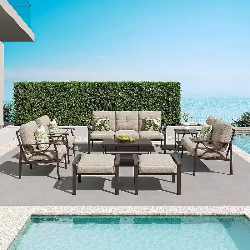Set di mobili da esterno Heynemo, set conversazione da patio da 8 pezzi con tavolino, tavolino laterale e pouf, set di mobili in metallo per veranda, grigio