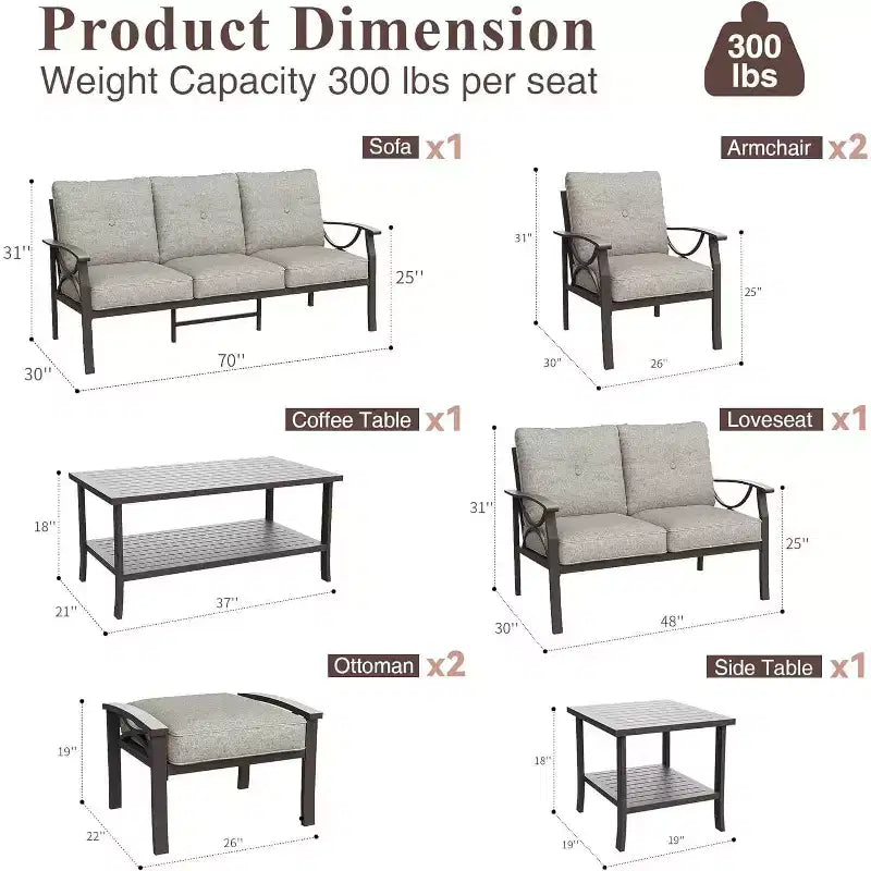 Set di mobili da esterno Heynemo, set conversazione da patio da 8 pezzi con tavolino, tavolino laterale e pouf, set di mobili in metallo per veranda, grigio