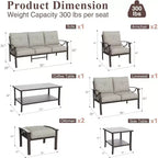 Set di mobili da esterno Heynemo, set conversazione da patio da 8 pezzi con tavolino, tavolino laterale e pouf, set di mobili in metallo per veranda, grigio