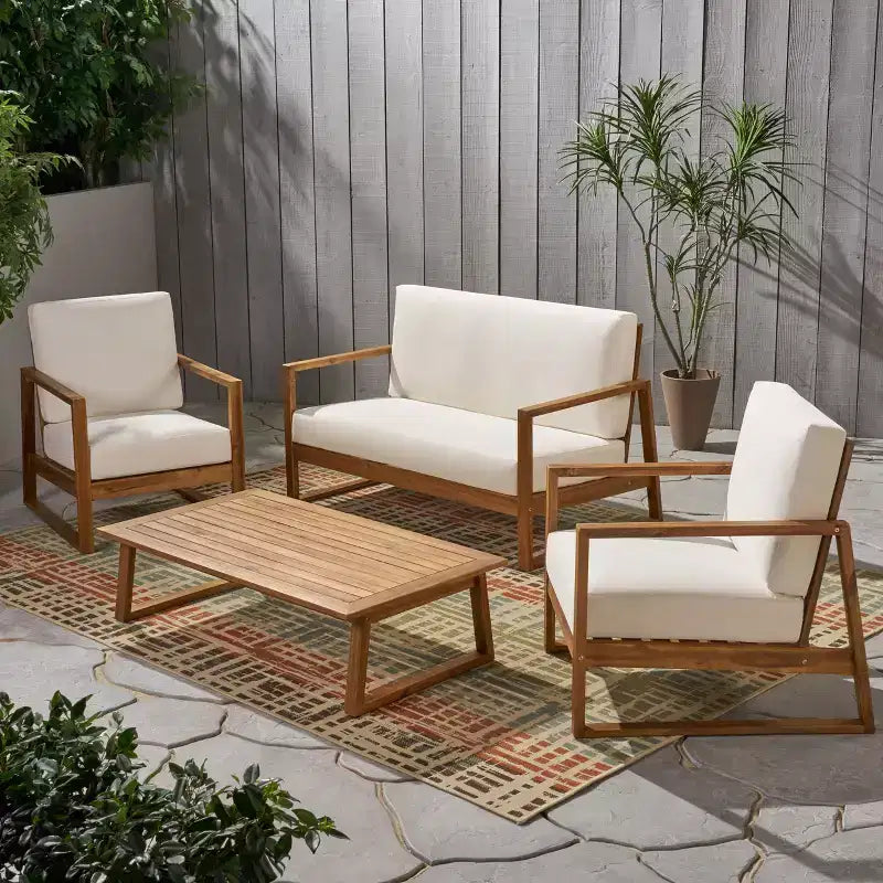 Set da conversazione per esterni 4 posti Christopher Knight Home Bringier in legno di acacia con cuscini resistenti all'acqua