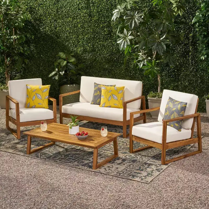 Set da conversazione per esterni 4 posti Christopher Knight Home Bringier in legno di acacia con cuscini resistenti all'acqua