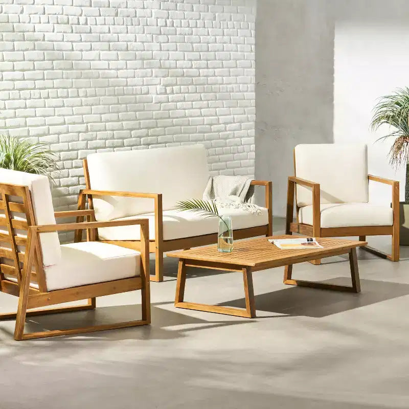 Set da conversazione per esterni 4 posti Christopher Knight Home Bringier in legno di acacia con cuscini resistenti all'acqua