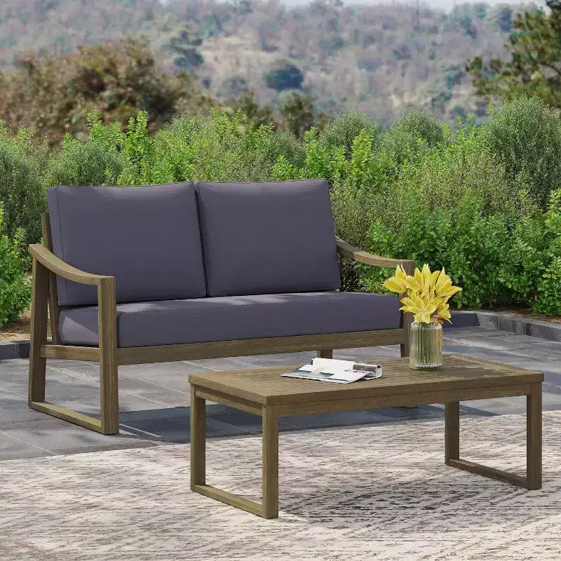 Set divanetto a due posti e tavolino da caffè da esterno in legno di acacia Christopher Knight Home Samwell con braccioli inclinati