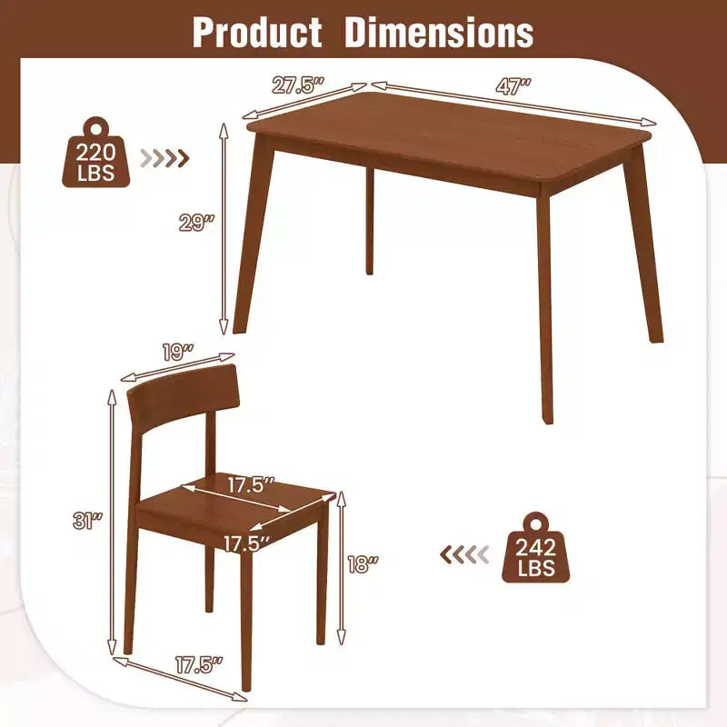 Set da pranzo Costway 5 pezzi, tavolo rettangolare da cucina e 4 sedie con struttura in legno di gomma