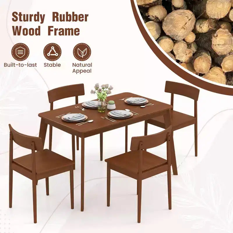 Set da pranzo Costway 5 pezzi, tavolo rettangolare da cucina e 4 sedie con struttura in legno di gomma