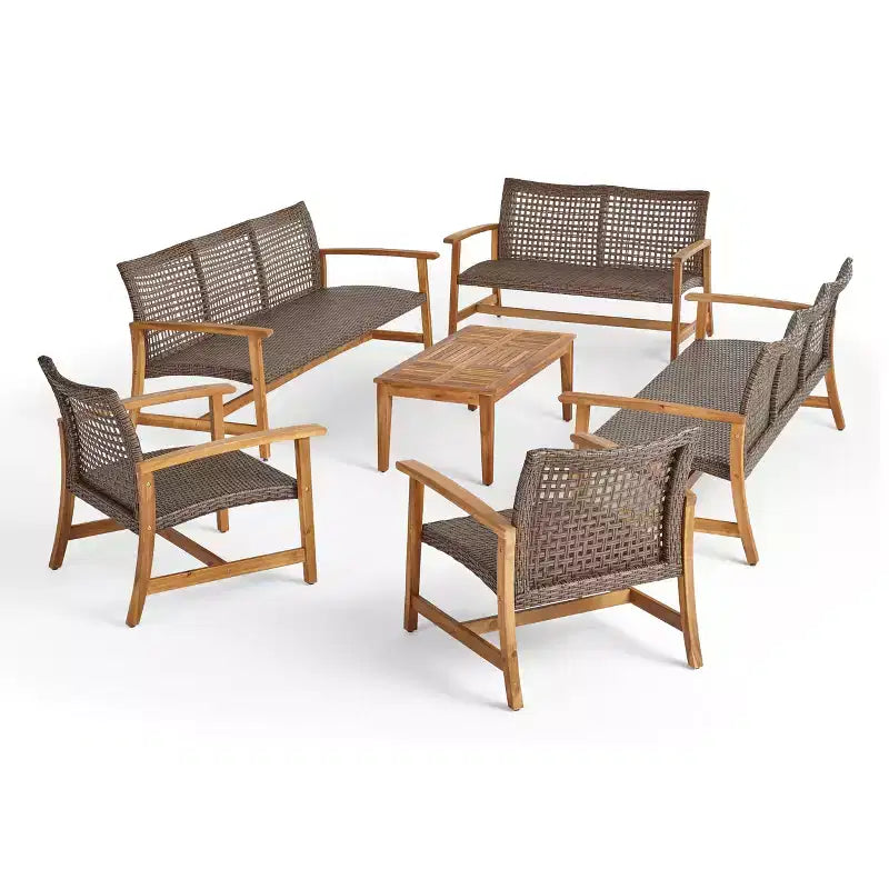 Set da conversazione Christopher Knight Home Hampton per esterni, composto da divano a 10 posti e divanetto in legno di acacia e vimini