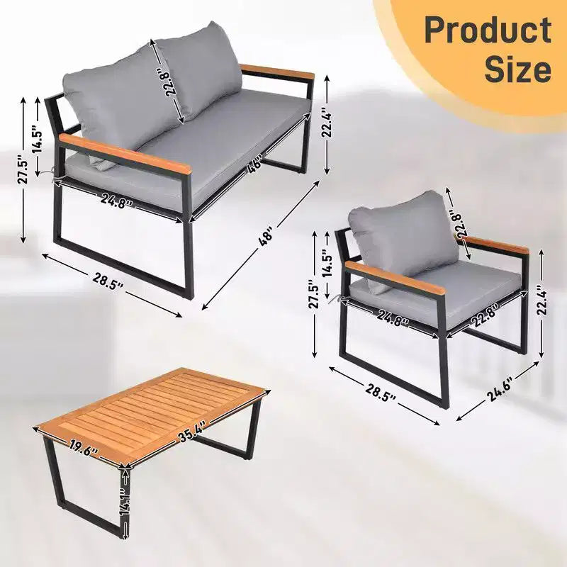 Set da conversazione Karl Home Patio da 4 pezzi in legno di acacia con braccioli e piano del tavolo, completo di cuscini