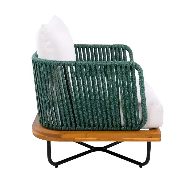 Set di Sedute Imbottite da Esterno Christopher Knight Home Galen a 4 Pezzi in Corda Intrecciata, Acacia e Struttura in Ferro