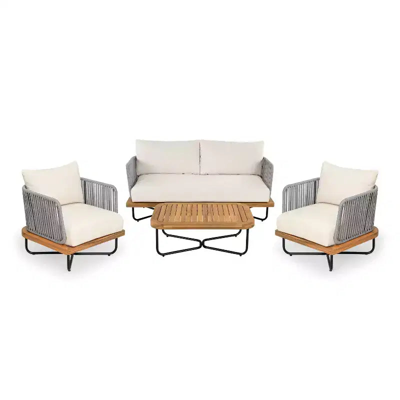 Set di Sedute Imbottite da Esterno Christopher Knight Home Galen a 4 Pezzi in Corda Intrecciata, Acacia e Struttura in Ferro