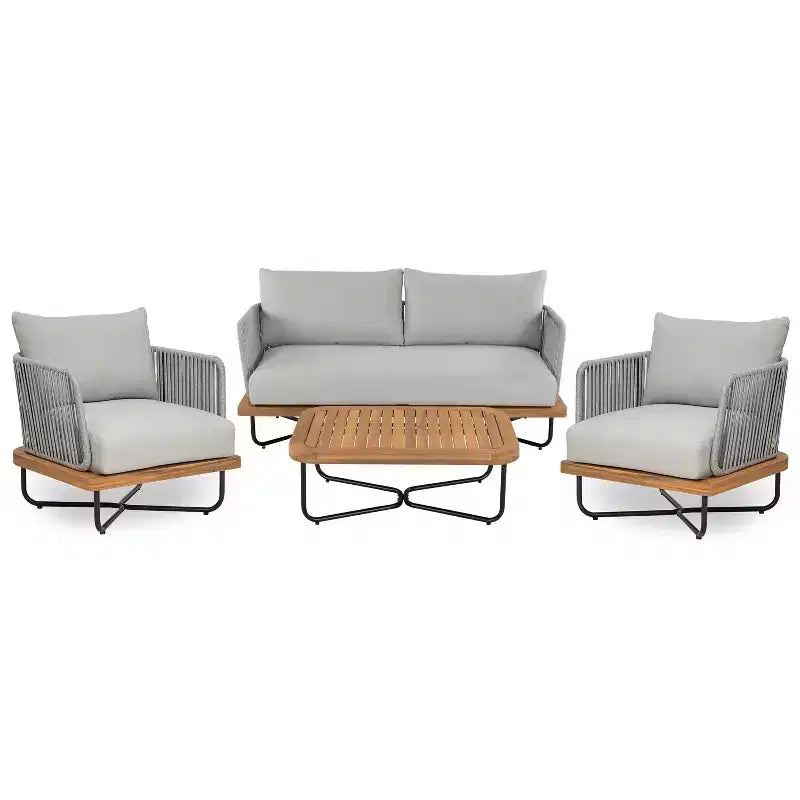 Set di Sedute Imbottite da Esterno Christopher Knight Home Galen a 4 Pezzi in Corda Intrecciata, Acacia e Struttura in Ferro