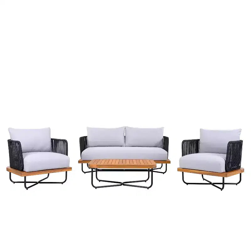Set di Sedute Imbottite da Esterno Christopher Knight Home Galen a 4 Pezzi in Corda Intrecciata, Acacia e Struttura in Ferro