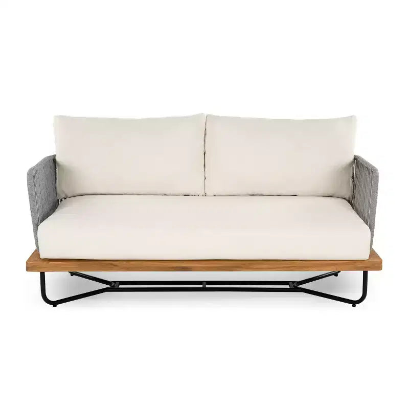 Set di Sedute Imbottite da Esterno Christopher Knight Home Galen a 4 Pezzi in Corda Intrecciata, Acacia e Struttura in Ferro