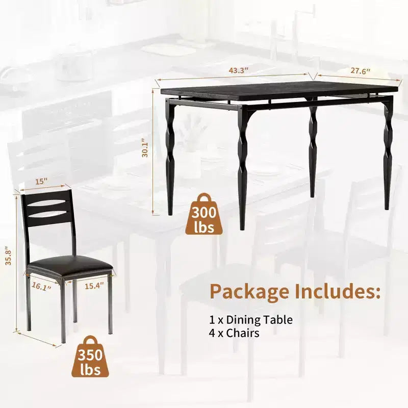Set da pranzo da 5 pezzi, Set da cucina in stile industriale per 4 persone, Tavolo e sedie da pranzo con tavolo rettangolare e 4 sedie