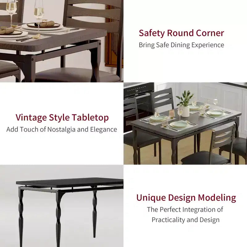 Set da pranzo da 5 pezzi, Set da cucina in stile industriale per 4 persone, Tavolo e sedie da pranzo con tavolo rettangolare e 4 sedie
