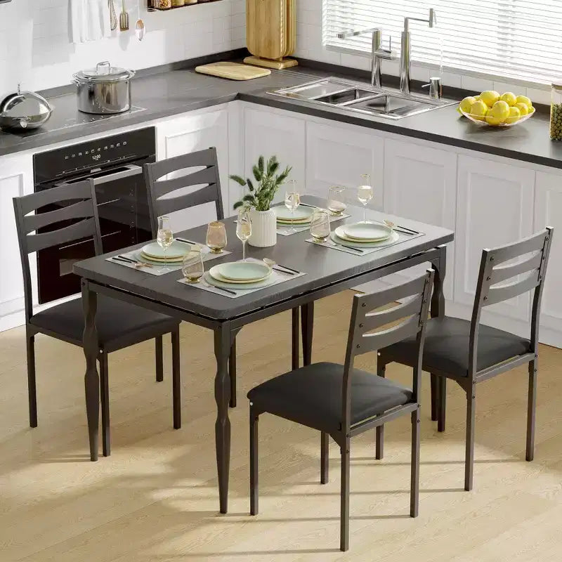 Set da pranzo da 5 pezzi, Set da cucina in stile industriale per 4 persone, Tavolo e sedie da pranzo con tavolo rettangolare e 4 sedie