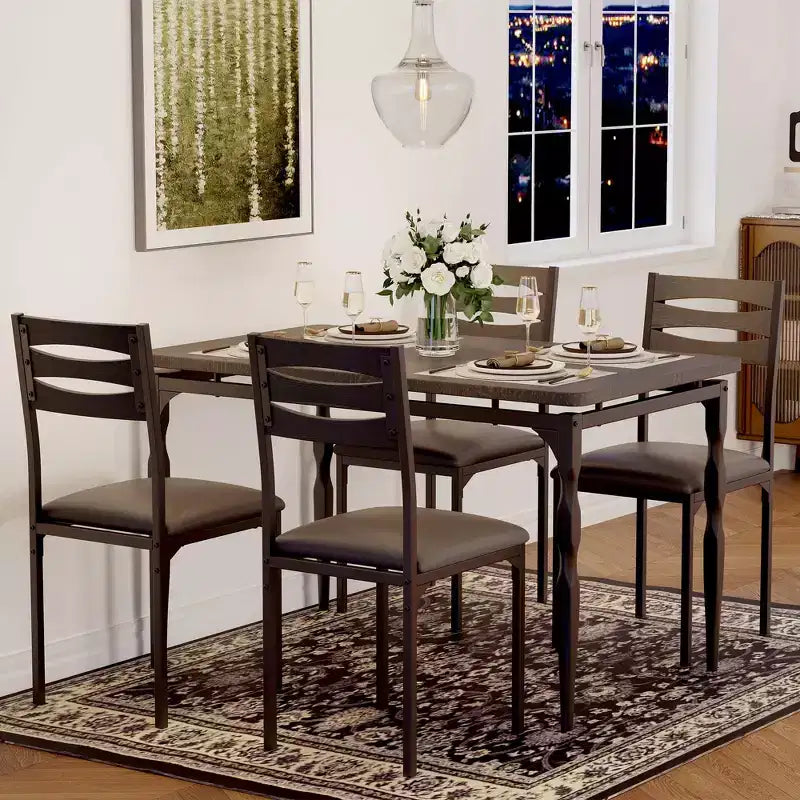 Set da pranzo da 5 pezzi, Set da cucina in stile industriale per 4 persone, Tavolo e sedie da pranzo con tavolo rettangolare e 4 sedie