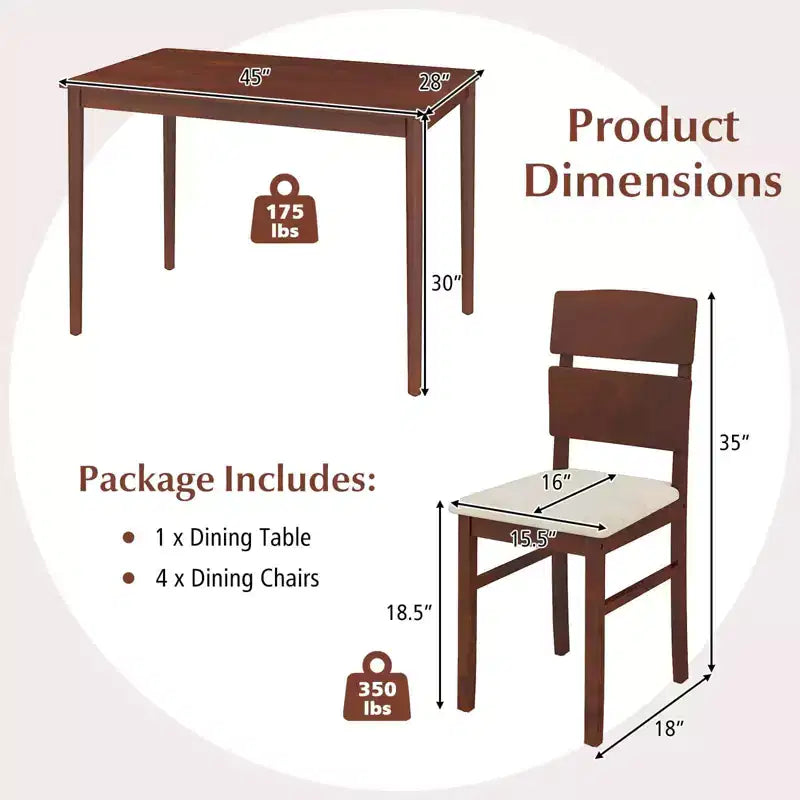 Set da pranzo Costway 5 pezzi per 4 persone, tavolo in legno stile rustico e 4 sedie imbottite