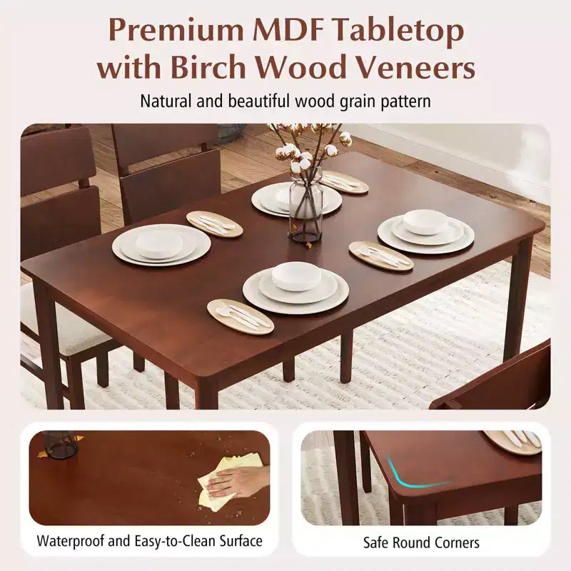 Set da pranzo Costway 5 pezzi per 4 persone, tavolo in legno stile rustico e 4 sedie imbottite