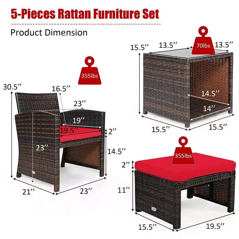 Set di mobili da giardino Costway 5 pezzi in rattan con divano, poggiapiedi e cuscini