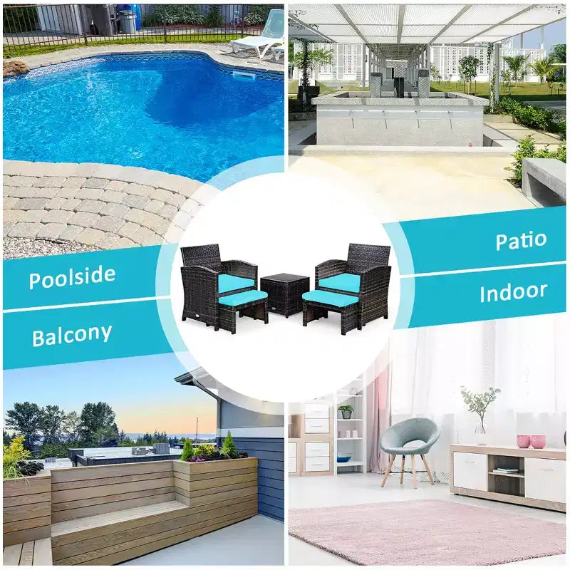Set di mobili da giardino Costway 5 pezzi in rattan con divano, poggiapiedi e cuscini