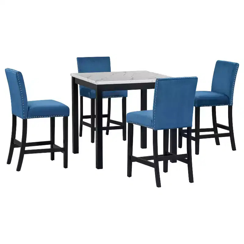 Set da pranzo da 5 pezzi, tavolo da pranzo altezza bancone, set da pranzo altezza bar con 4 sedie rivestite in velluto e tavolo da pranzo con piano in finto marmo - ModernLuxe