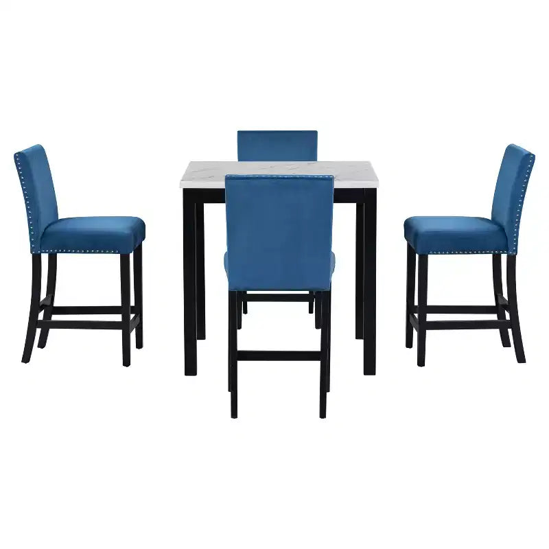 Set da pranzo da 5 pezzi, tavolo da pranzo altezza bancone, set da pranzo altezza bar con 4 sedie rivestite in velluto e tavolo da pranzo con piano in finto marmo - ModernLuxe