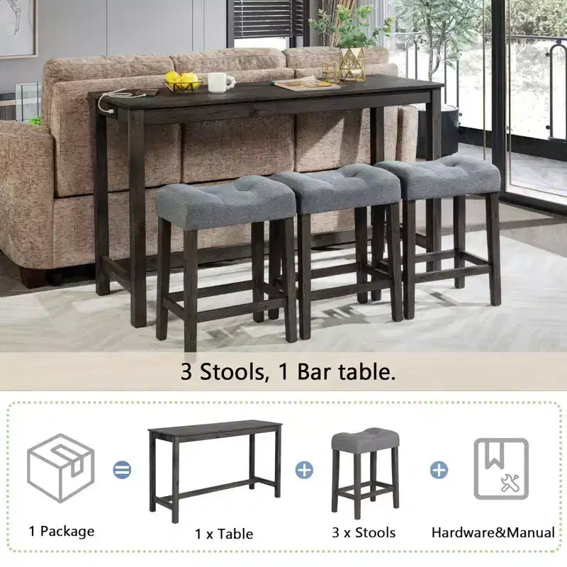 Set da pranzo da 4 pezzi, tavolo da bar e sedie, set tavolo da bar con 3 sgabelli imbottiti, marrone