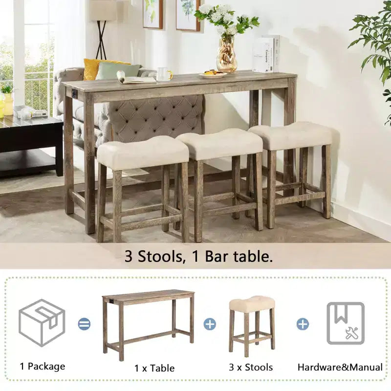 Set da pranzo da 4 pezzi, tavolo da bar e sedie, set tavolo da bar con 3 sgabelli imbottiti, marrone