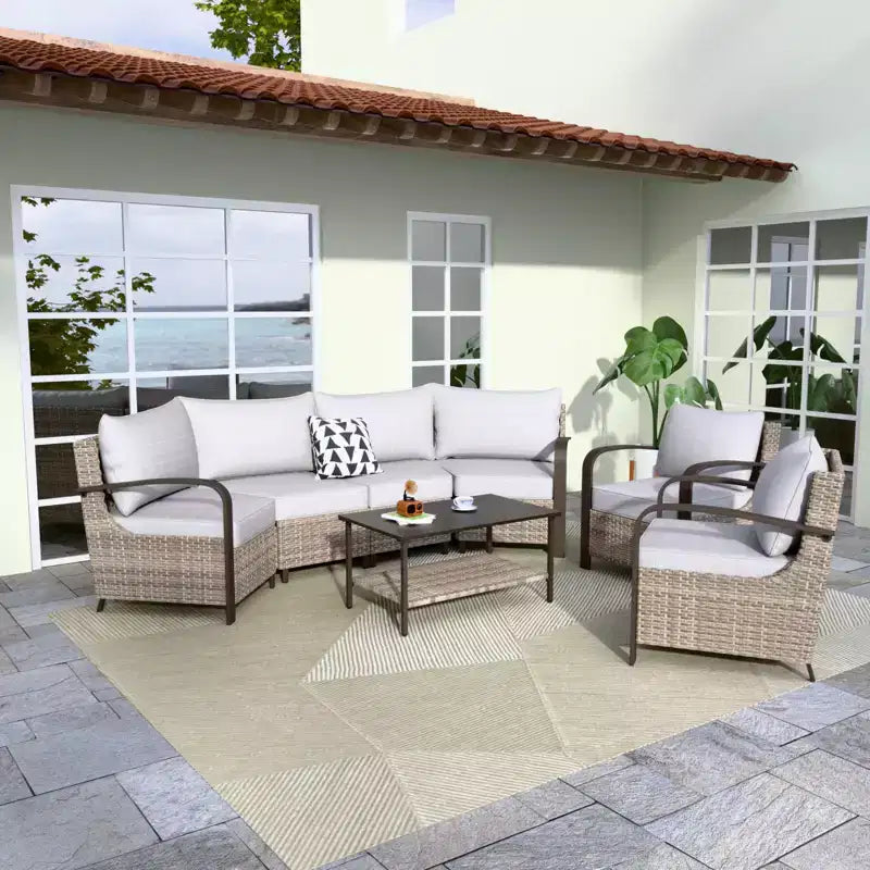 Set di mobili da giardino EAGLE PEAK Coastal Vista, set da conversazione da patio in vimini curvato a mezzaluna con tavolino da caffè