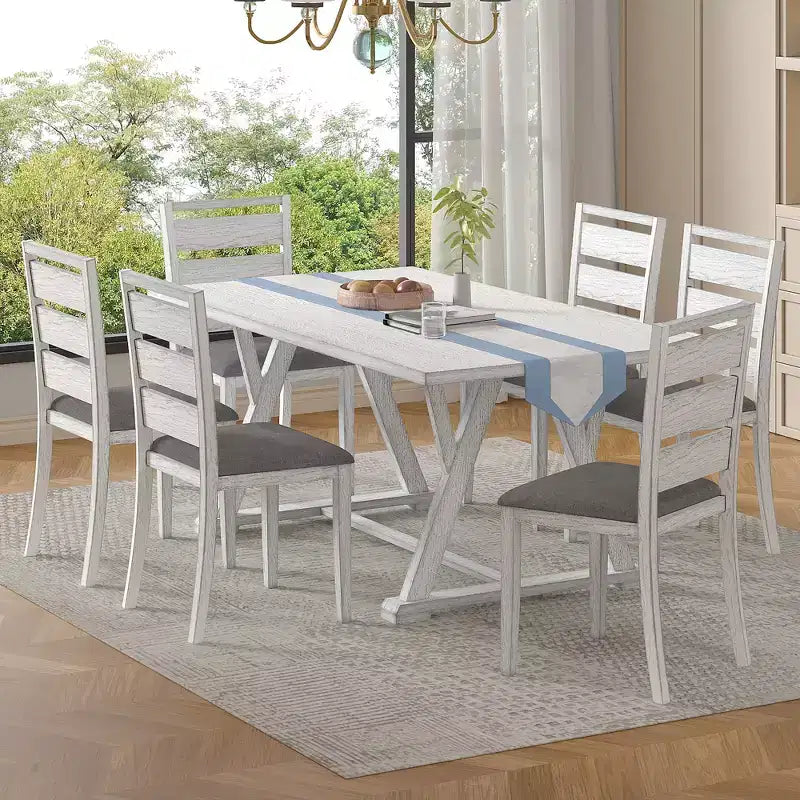 Set da tavolo da pranzo VECELO da 7 pezzi in stile rustico per 6 persone, tavolo in legno di caucciù con 6 sedie da pranzo imbottite, grigio