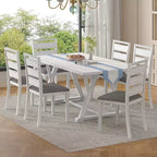 Set da tavolo da pranzo VECELO da 7 pezzi in stile rustico per 6 persone, tavolo in legno di caucciù con 6 sedie da pranzo imbottite, grigio