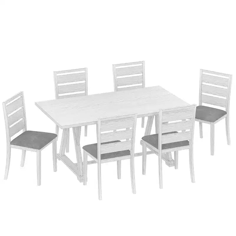 Set da tavolo da pranzo VECELO da 7 pezzi in stile rustico per 6 persone, tavolo in legno di caucciù con 6 sedie da pranzo imbottite, grigio