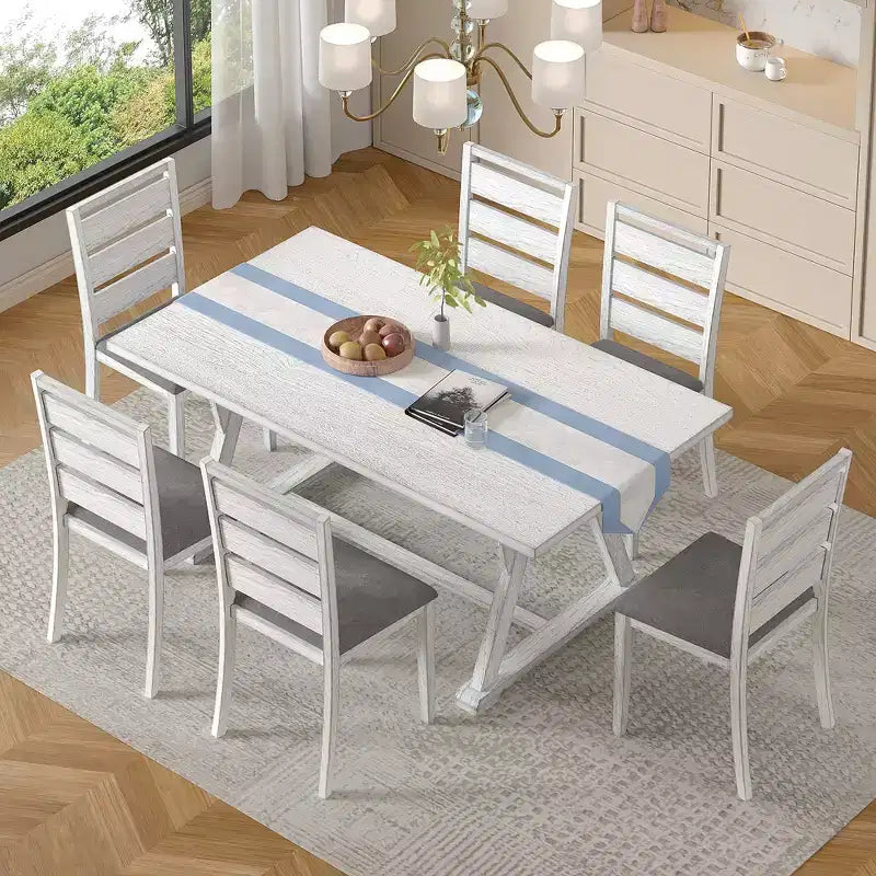 Set da tavolo da pranzo VECELO da 7 pezzi in stile rustico per 6 persone, tavolo in legno di caucciù con 6 sedie da pranzo imbottite, grigio