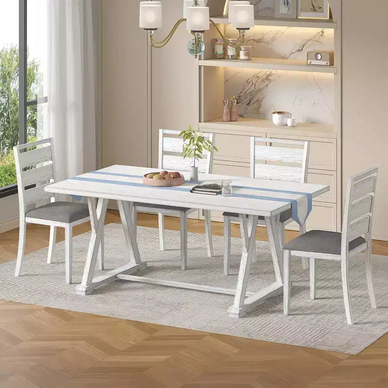 Set da tavolo da pranzo VECELO da 7 pezzi in stile rustico per 6 persone, tavolo in legno di caucciù con 6 sedie da pranzo imbottite, grigio