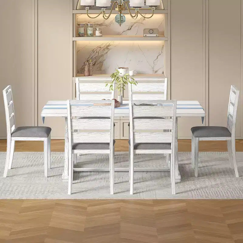 Set da tavolo da pranzo VECELO da 7 pezzi in stile rustico per 6 persone, tavolo in legno di caucciù con 6 sedie da pranzo imbottite, grigio
