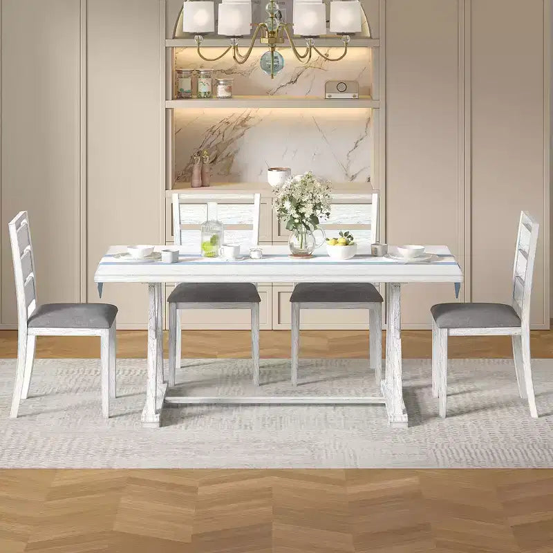 Set da tavolo da pranzo VECELO da 7 pezzi in stile rustico per 6 persone, tavolo in legno di caucciù con 6 sedie da pranzo imbottite, grigio