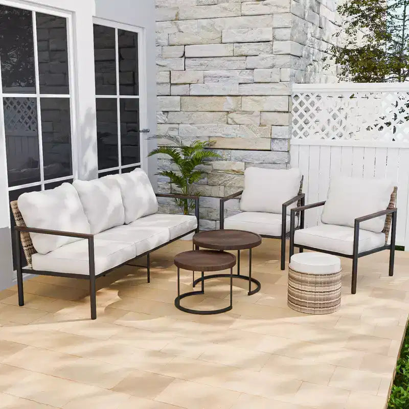 EAGLE PEAK Sunset Dune Set da giardino 6 pezzi, mobili da esterno moderni, set lounge in vimini effetto legno per patio