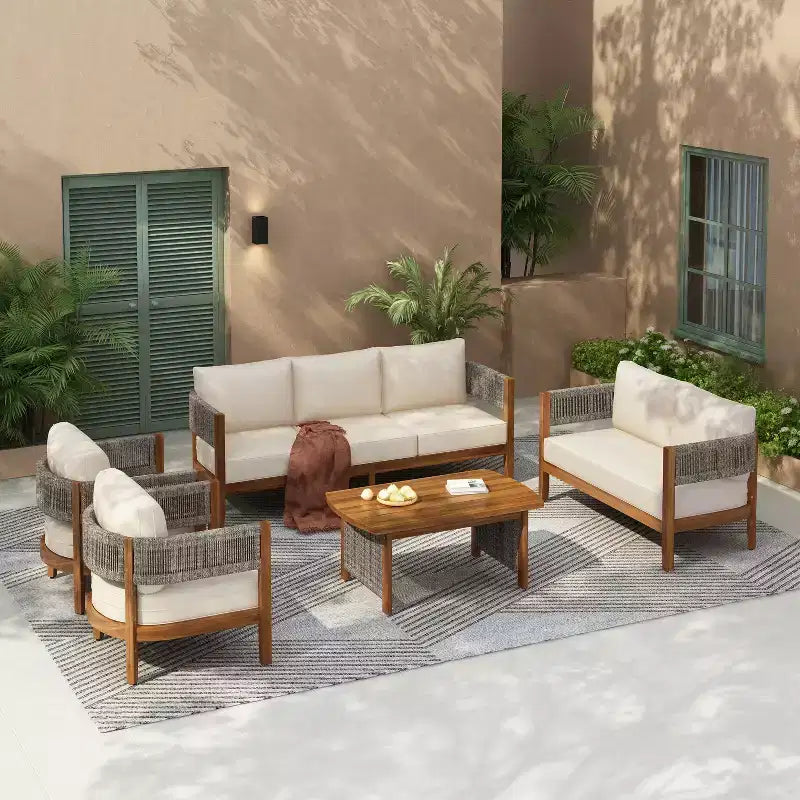 Set da giardino Christopher Knight Home Valentina, 5 pezzi, in legno di acacia con intreccio rustico in corda, comprensivo di tavolino e cuscini