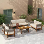 Set da giardino Christopher Knight Home Valentina, 5 pezzi, in legno di acacia con intreccio rustico in corda, comprensivo di tavolino e cuscini