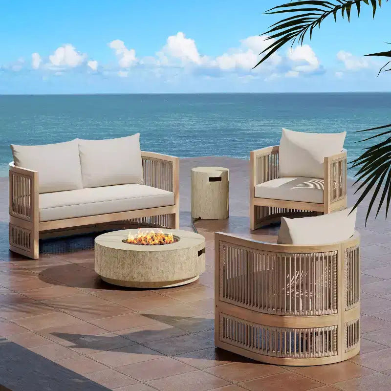 Set da conversazione per esterni da 5 pezzi Christopher Knight Home Joplin in legno di acacia e corda con cuscini e braciere rotondo