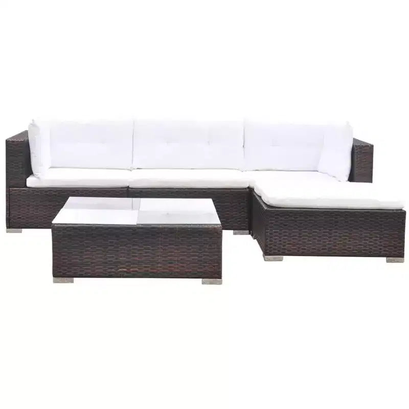 vidaXL Set Salotto da Giardino 5 Pezzi - Polyrattan, Marrone - Set Divano da Esterno Resistente alle Intemperie con Cuscini, Pouf e Tavolino