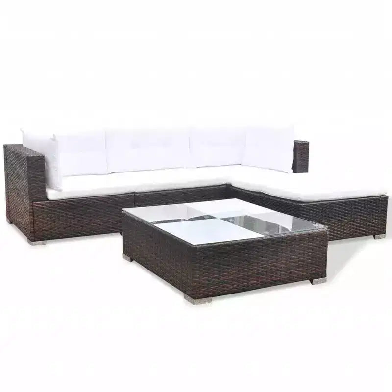 vidaXL Set Salotto da Giardino 5 Pezzi - Polyrattan, Marrone - Set Divano da Esterno Resistente alle Intemperie con Cuscini, Pouf e Tavolino