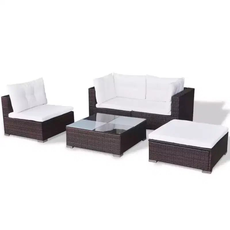 vidaXL Set Salotto da Giardino 5 Pezzi - Polyrattan, Marrone - Set Divano da Esterno Resistente alle Intemperie con Cuscini, Pouf e Tavolino