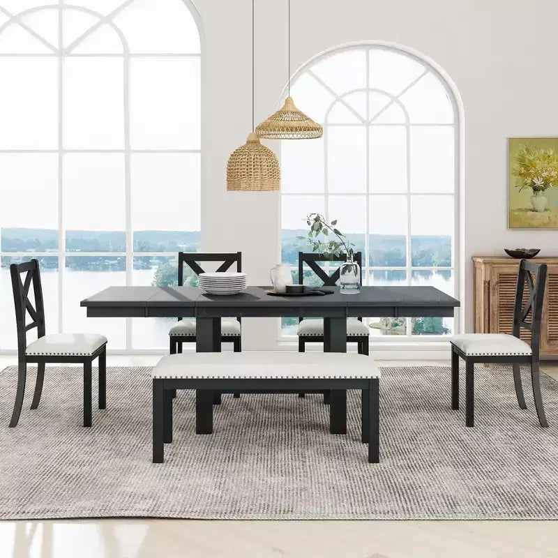 Set da pranzo allungabile da 6 pezzi HABITRIO per 6 persone, set da pranzo in stile rustico con 4 sedie imbottite, panca e 2 prolunghe rimovibili, naturale/nero