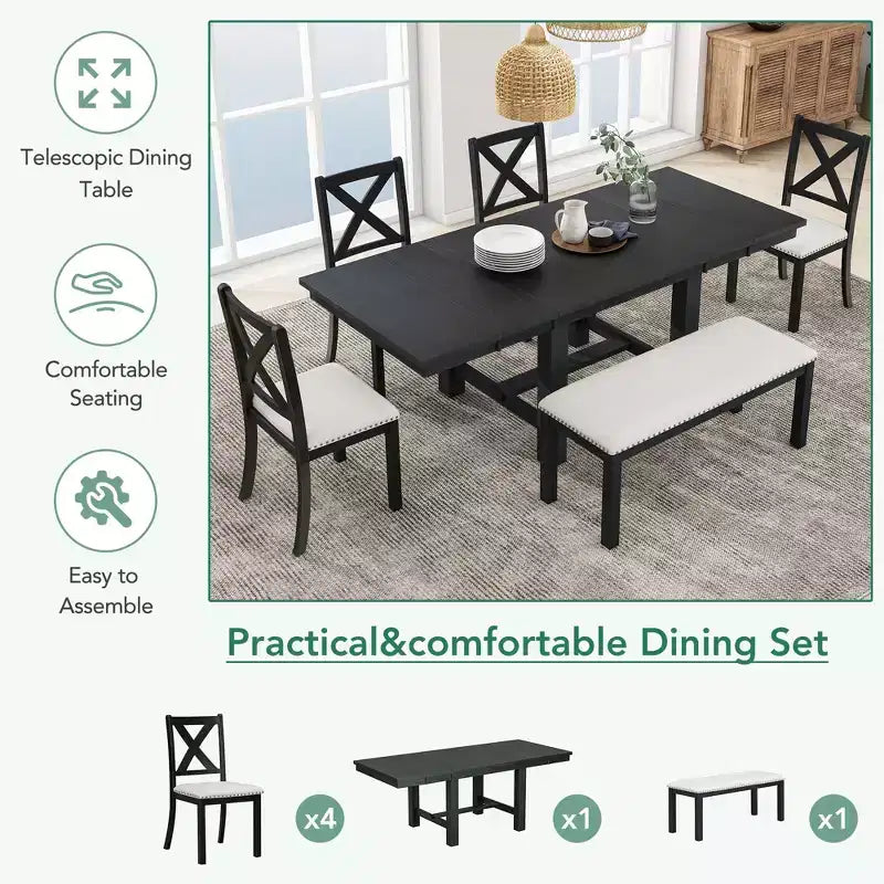 Set da pranzo allungabile da 6 pezzi HABITRIO per 6 persone, set da pranzo in stile rustico con 4 sedie imbottite, panca e 2 prolunghe rimovibili, naturale/nero