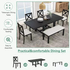 Set da pranzo allungabile da 6 pezzi HABITRIO per 6 persone, set da pranzo in stile rustico con 4 sedie imbottite, panca e 2 prolunghe rimovibili, naturale/nero